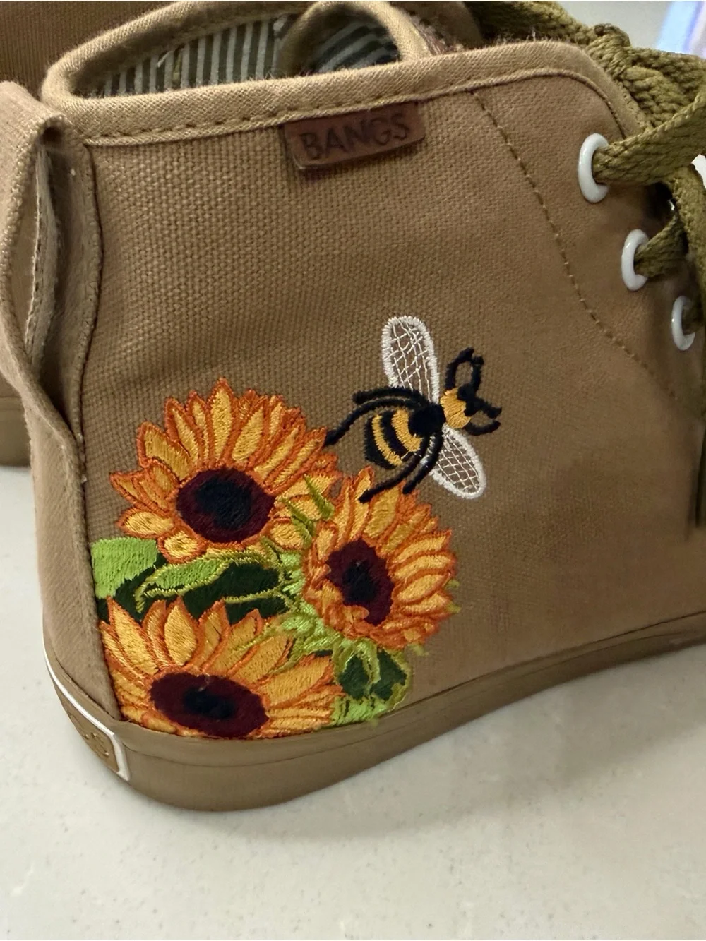 BANGS Shoes Old Pine Sunflower Embroidered Canvas High Top Sneakers, Women’s 8